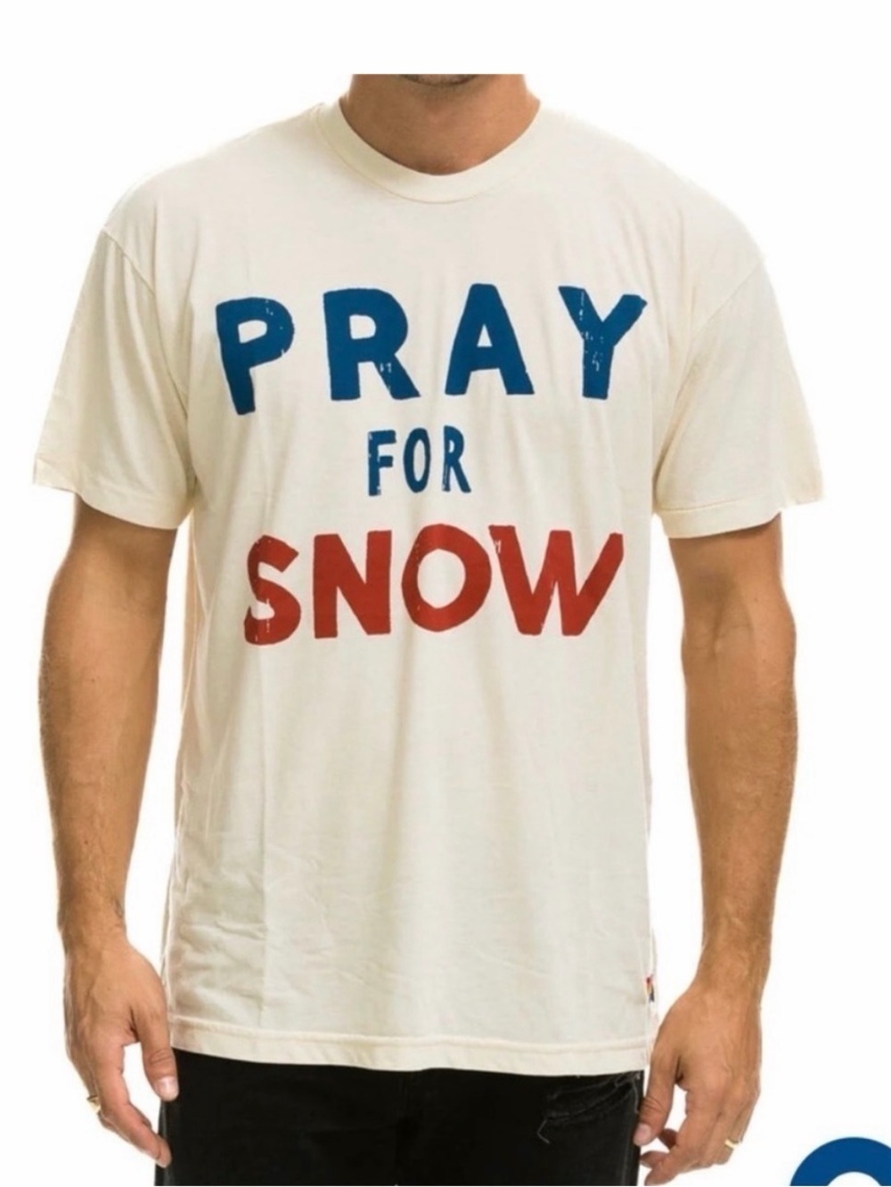 Aviator Nation Cream Tee with Blue & Red 'Pray For Snow' Graphic